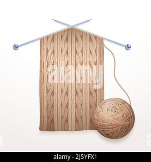 Two single pointed needles with modern cable scarf knitting and beige yarn ball composition abstract flat vector illustration Stock Vector
