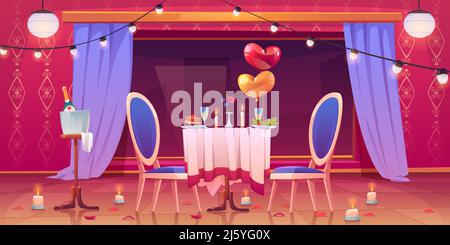 Restaurant table served for romantic dating with tablecloth, champagne in glasses, burning candles around, heart shaped balloons and rose flower petal Stock Vector