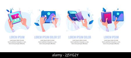 Online order, graphic design painting, card paying, education icons or banners set. Human hands holding gadget, drawing on digital tablet, using pos-t Stock Vector