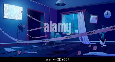 Crime scene at night, murder place in dark room fenced with police tape, chalk line silhouette of dead body on floor, evidence knife blood spots, brok Stock Vector