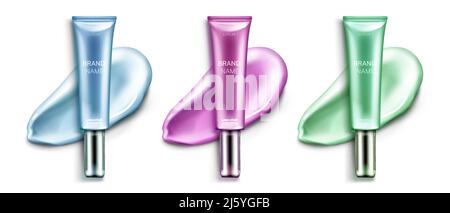 Liquid eye shadow tubes with strokes set. Eyeshadow make up palette mockup bottles with paint samples pink, blue, green colors isolated on white backg Stock Vector