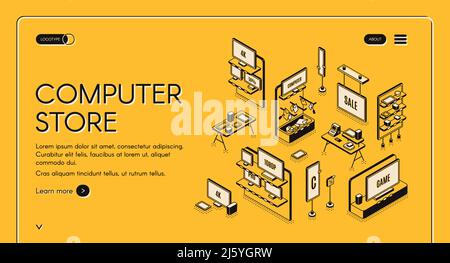 Computer store isometric landing page. Empty mall interior with electronic production on shelves, game panels, monitors and gadgets for gaming, counte Stock Vector