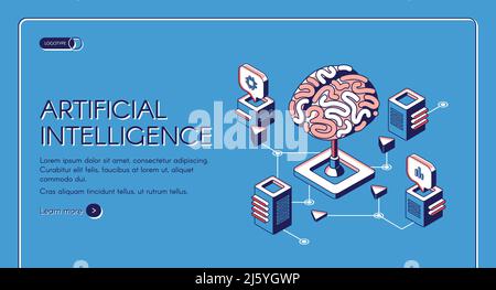 Artificial intelligence isometric landing page human brain surrounded with cubic shape AI processor chips with digital neurons network. Future innovat Stock Vector