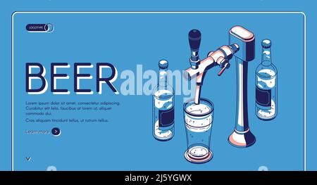 Beer tap isometric landing page, alcohol drink pouring from faucet with handle to glass in bar or pub. Craft brew advertising poster on blue retro col Stock Vector