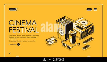 Cinema festival isometric landing page, movie time entertainment concept with popcorn, film projector, 3d glasses, tickets and coffee cup on yellow ba Stock Vector