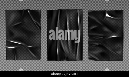 Clear plastic stretched film for wrapping food and protection packaging. Black cellophane adhesive foil material with wrinkles isolated on transparent Stock Vector