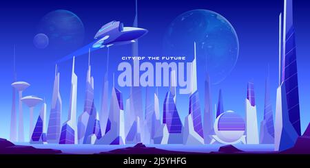 Urban landscape of future city with modern buildings, planets in night sky and flying spaceship. Vector futuristic cityscape with skyscrapers and rock Stock Vector