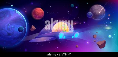 Alien in spaceship flying in cosmos between planets. Vector cartoon futuristic illustration of ufo rocket in outer space, galaxy with stars and alien Stock Vector
