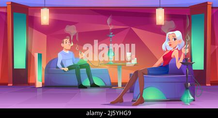 People in shisha bar, man and woman smoking hookah sitting on comfortable couches, drinking beverages. chillums in cafe lounge in arabic or turkish st Stock Vector