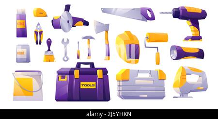 Tools set, hardware construction shop instruments drill hammer saw wrench toolbox flashlight paints. Diy supplies for carpentry works isolated on whit Stock Vector