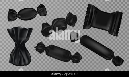 Black candy wrappers set isolated on transparent background. Blank sweets packages for lollipops, chocolate and truffle production, design elements fo Stock Vector