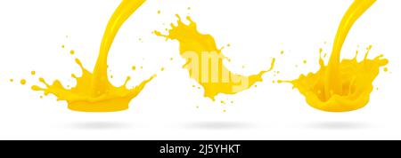 Orange juice, splatter orange splashes of paint, 3d realistic vector illustration. Stock Vector