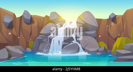 Waterfall cartoon illustration. River stream flowing throw rocks to mountain lake. Vector landscape of cascade falling water, stones and bushes in par Stock Vector