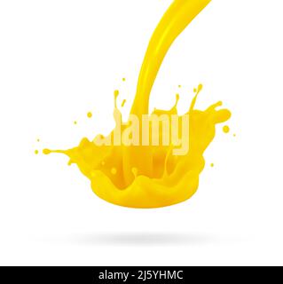 Orange juice, splatter orange splashes of paint, 3d realistic vector illustration. Stock Vector