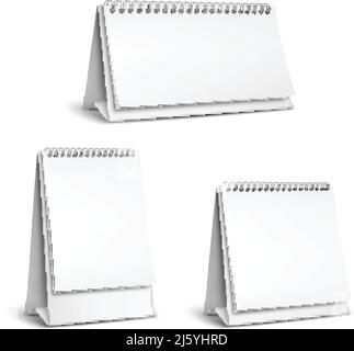 Three vertical and horizontal realistic standing blank spiral table calendars of different size on white background isolated vector illustration Stock Vector