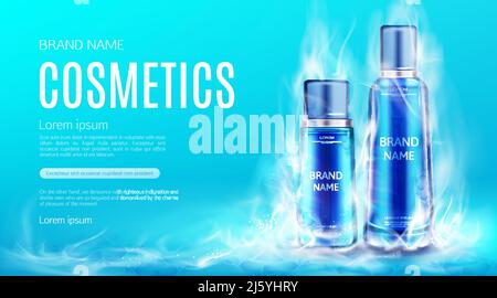 Cosmetics bottles in dry ice smoke cloud mockup background. Cooling beauty cosmetic product tubes, makeup remover, cream or tonic advertising promo po Stock Vector