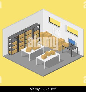 isometric storage room warehouse with parcels and shelves vector flat illustration Stock Vector