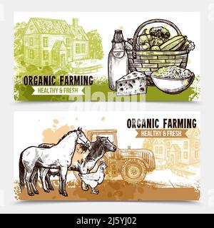 Organic farming horizontal banners with healthy and fresh food farmhouse and farm animals on white background sketch hand drawn isolated vector illust Stock Vector