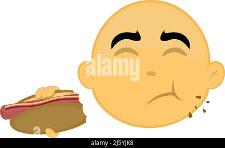 Vector illustration of the face of a yellow and bald cartoon character, eating a hot dog Stock Vector