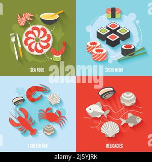 Seafood flat icons set with sushi menu lobster bar delicacies isolated vector illustration Stock Vector