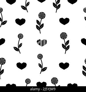 Flowers and hearts, black and white seamless pattern Stock Vector