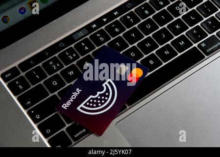 Revolut Credit visa card on computer Keyboard. Digital money, internet banking Stock Photo