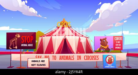 Circus without animals, stop pets abuse concept. Amusement carnival park with agitational posters and signboards against performances and clown shows Stock Vector