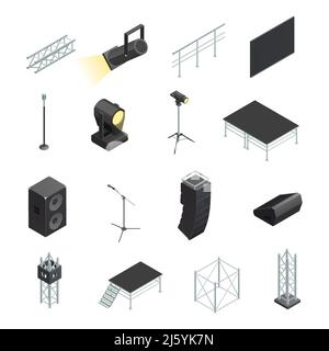 Isometric icons set of stage elements different stands with microphones spotlights speakers and construction isolated vector illustration Stock Vector