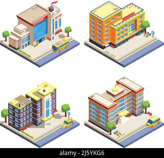 Modern many-storeyed school buildings with cars bicycles and school bus isometric icons set on white background isolated vector illustration Stock Vector