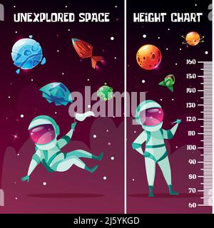 Vector height chart in space style with astronauts playing darts, holding flag, cosmic objects - unexplored planets with satellites, starts galaxy, sp Stock Vector