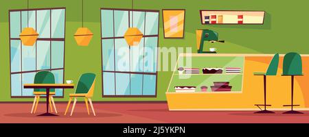 Cafe or cafeteria interior vector illustration of cartoon patisserie. Cartoon flat indoor interior design of cafe tables and chairs, cashier desk and Stock Vector