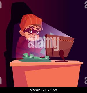 Computer scammer vector illustration of internet hacker scam. Cartoon scammer man or internet thief smug happy in mask sitting at laptop and stealing Stock Vector