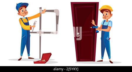 Vector cartoon plumber and technician worker characters set. Male professional service man in uniform installing door holding screwdriver, repairing p Stock Vector