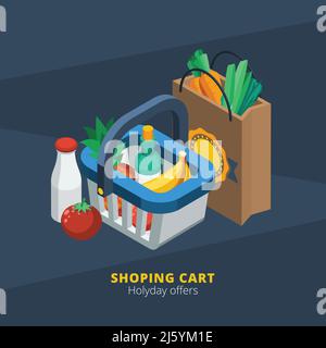 Isometric supermarket icon with shopping basket paper pack and food  vector illustration Stock Vector