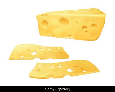 Cheese slices 3D vector illustration of sliced Emmental or Cheddar and Edam cheese with holes. Realistic design template isolated on white background Stock Vector