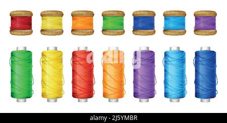 Color thread spools set vector illustration of sewing tools. Red, yellow or orange and green, purple and violet color thread on wooden and plastic ree Stock Vector