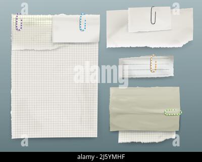 Paper message notes vector illustration of sheets and pieces of paper on clips. Squared and lined pages torn from copybook, realistic isolated set for Stock Vector