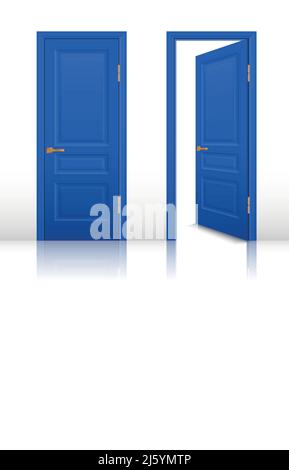Blue house room open and closed doors with brown handles set isolated realistic vector illustration Stock Vector