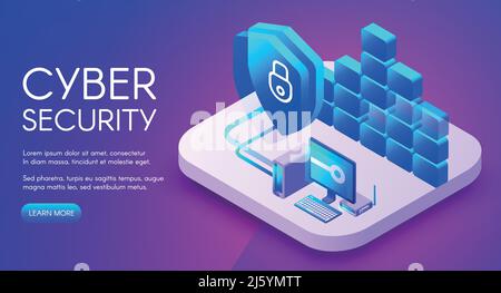 Cyber security technology vector illustration of private network secure access and internet firewall. Personal data encryption with VPN for safe compu Stock Vector