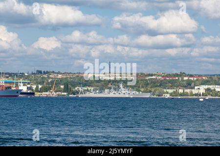 Sevastopol, Crimea / Ukraine, August 13, 2012. Russian Black Sea Navy flagship class Slava cruiser 'Moskva' in the Sevastopol Bay, Crimea Stock Photo