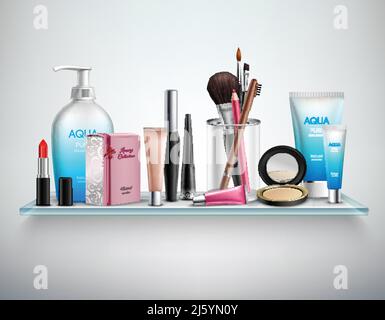 Makeup cosmetics accessories and beauty moisturizing products on bathroom wall glass shelf realistic image poster vector illustration Stock Vector