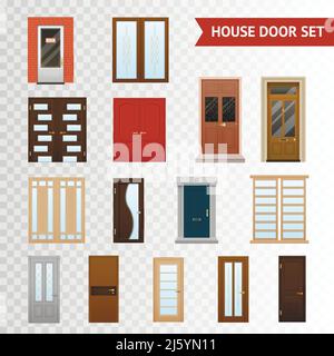 Flat design set of various material and type double and single front closed doors set isolated on transparent background vector illustration Stock Vector