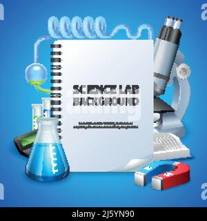 Science lab poster with notepad and laboratory equipment on blue background realistic vector illustration Stock Vector