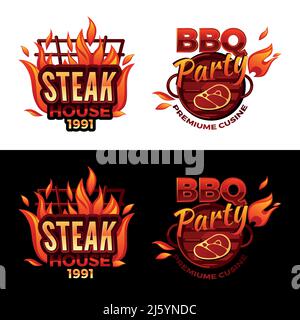 Steak house vector illustration for barbecue party logo or premium meat cuisine design. Vector isolated icons of beefsteak on BBQ grill with burning f Stock Vector