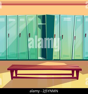 Locker room vector illustration of seamless gym or school sport changing room. Cartoon background of blue row of lockers with wooden bench for paralla Stock Vector