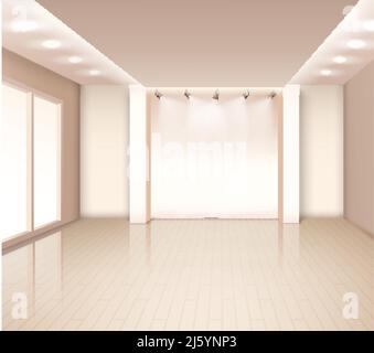 Empty  modern room interior with french windows illumination at ceiling in pale rose color vector illustration Stock Vector