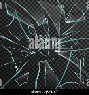 Realistic shards of transparent broken glass on abstract grey and black background vector illustration Stock Vector