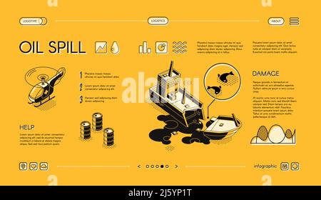 Oil spill isometric vector web banner. Damaged and sinking oil tanker ship, medics rescue helicopter line art illustration. Water pollution, technolog Stock Vector