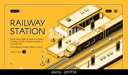 Railway station isometric vector web banner with high-speed express train stopping to picking up passengers line art illustration. Modern city transpo Stock Vector