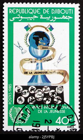 DJIBOUTI - CIRCA 1985: a stamp printed in the Djibouti shows Chess Pawn, International Youth Year, circa 1985 Stock Photo